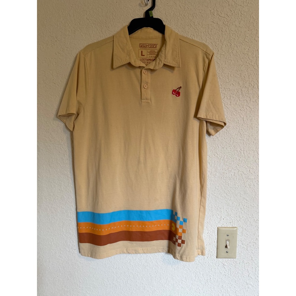 Pac-Man‎ Loot Crate Exclusive Tan Graphic Polo Shirt Mens Large Retro Gaming L